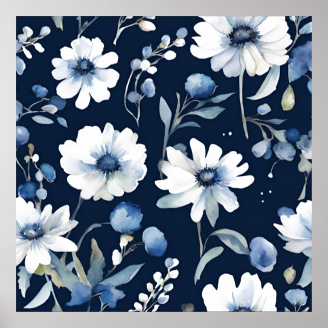 Poster Bouquet de fleurs Elégante aquarelle Bleu (Devant)
