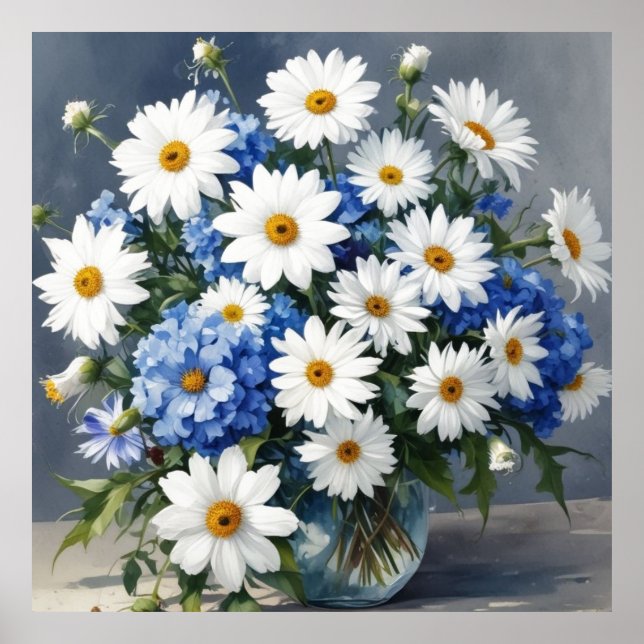 Poster Bouquet de fleurs Élégantes marguerites Aquarelle (Devant)