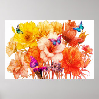 Poster Bouquet de fleurs et papillons sur un joli mur