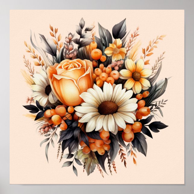 Poster Bouquet de fleurs gris-jaune orange (Devant)