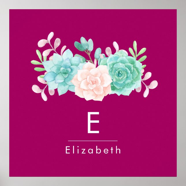 Poster Bouquet de fleurs rose et vert Pastel sur Magenta  (Devant)