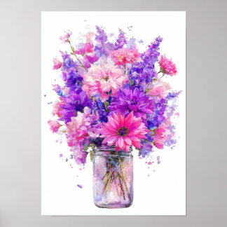 Poster Bouquet de fleurs rose violet aquarelle dans un po