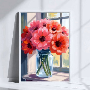 Poster Bouquet de fleurs rouges vase peinture aquarelle