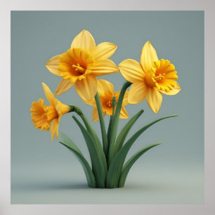 Poster Bouquet de jonquilles jaune vif avec feuilles vert