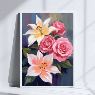 Poster Bouquet de lys blancs et de roses roses floral aqu