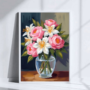 Poster Bouquet de lys et de roses Vase aquarelle floral