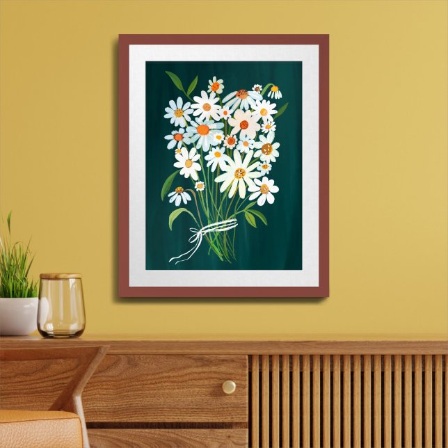 Poster Bouquet de marguerite blanche sur la peinture de G (White Daisy Bouquet on Teal  Green Gouache Painting Art Poster
)