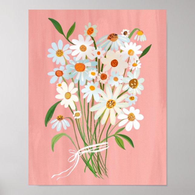 Poster Bouquet de marguerite blanche sur peinture Gouache (Devant)