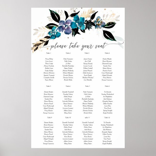 Poster Bouquet de Mariage Floral turquoise bleu (Devant)
