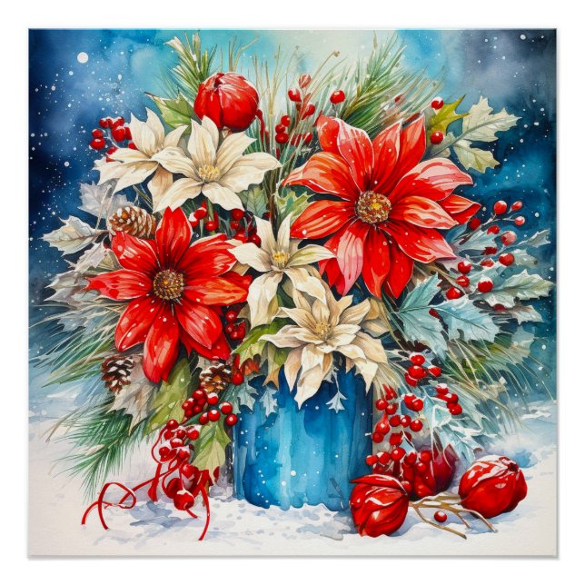 Poster Bouquet de Noël Poinsettia et Berries (Devant)