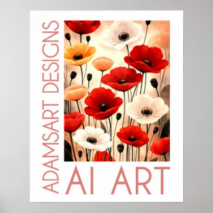 Poster Bouquet de Pavots Gras – Floral Rouge, Blanc & Ora