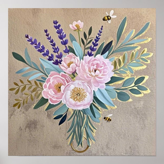 Poster Bouquet de pivoines fleurs de lavande Rustique (Devant)