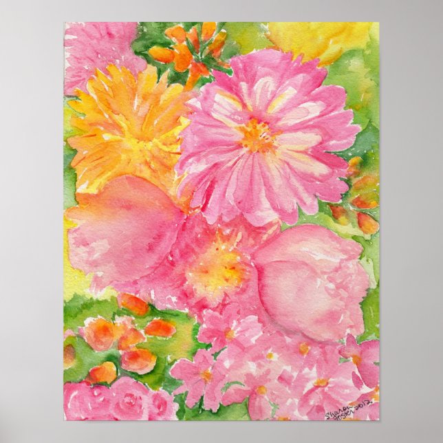 Poster Bouquet de pivoines jaune et rose (Devant)