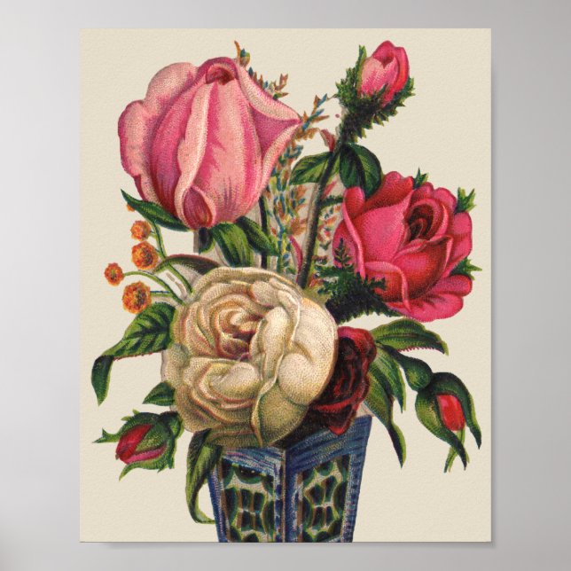 Poster Bouquet de roses à fleurs de style victorien rose (Devant)