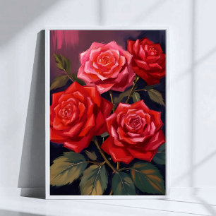 Poster Bouquet de roses   Peinture aquarelle florale roug