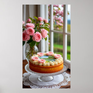 Poster Bouquet de roses roses par la fenêtre et gâteau él