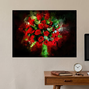 Poster Bouquet de roses rouges aquarelle sur fond noir