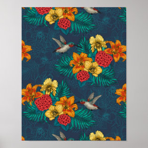 Poster Bouquet et colibris tropicaux