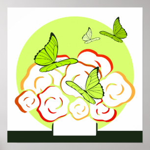 Poster Bouquet et papillons verts et orange Carré