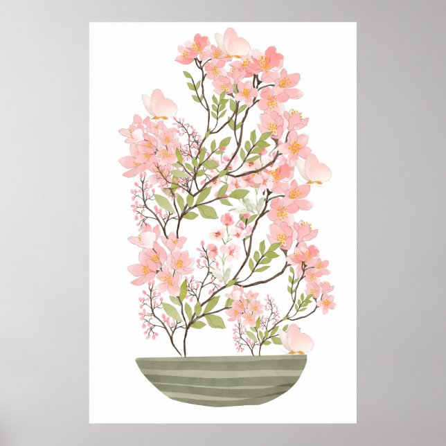 Poster Bouquet et vase de fleurs roses, papier à étiquett (Devant)