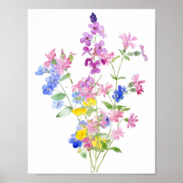 Poster bouquet fleur sauvage bleu rose (Devant)