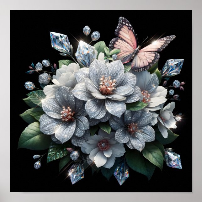 Poster Bouquet floral avec diamants et papillon (Devant)