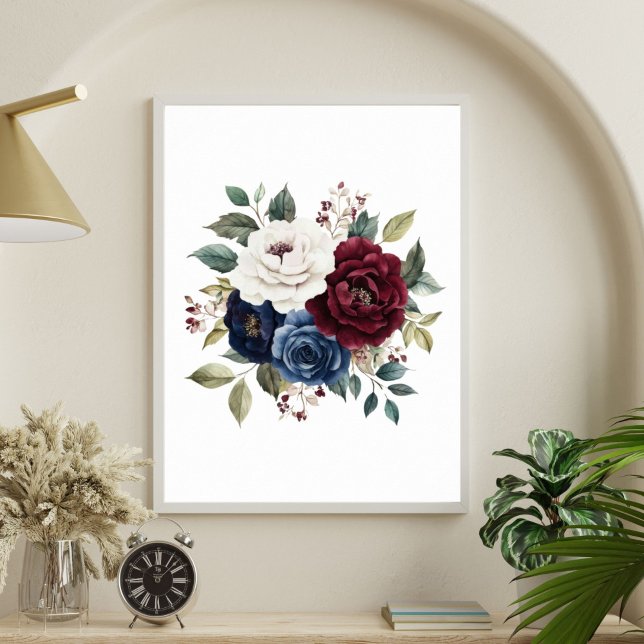 Poster Bouquet floral blanc marron bleu marine de Bourgog (Burgundy Maroon, Navy blue White Floral Poster Print. Printed or Digital Download)