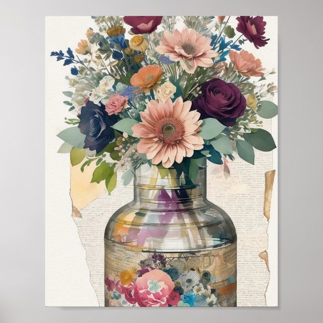 Poster Bouquet floral Ephémère de collage médiatique mixt (Devant)