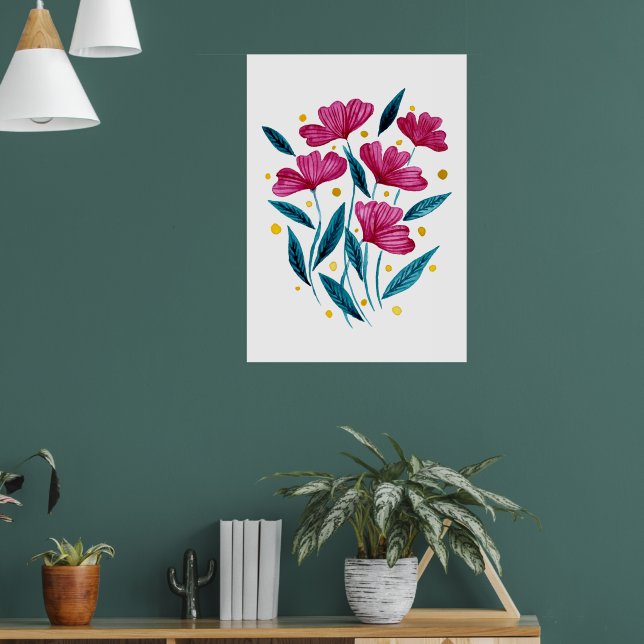 Poster Bouquet floral mignon - magenta et turquoise (Salon 1)