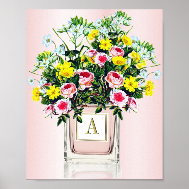 Poster Bouquet floral rose Bouteille de parfum Monogramme (Devant)