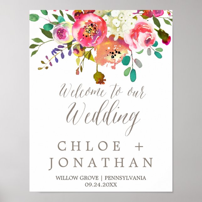 Poster Bouquet floral simple Mariage Bienvenue (Devant)