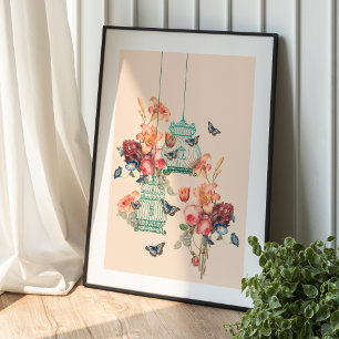 Poster Bouquet Floral vintage Et Oiseaux Vintages