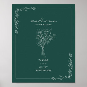 Poster Bouquet Line Art Emerald Mariage Bienvenue
