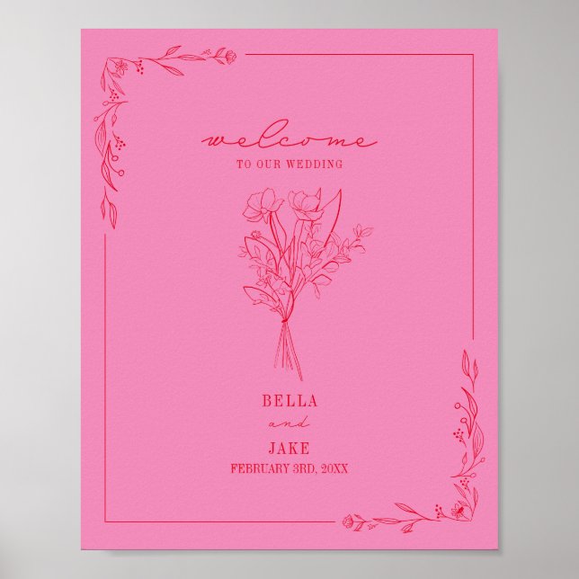 Poster Bouquet Line Art Rose Rouge Mariage Bienvenue (Devant)
