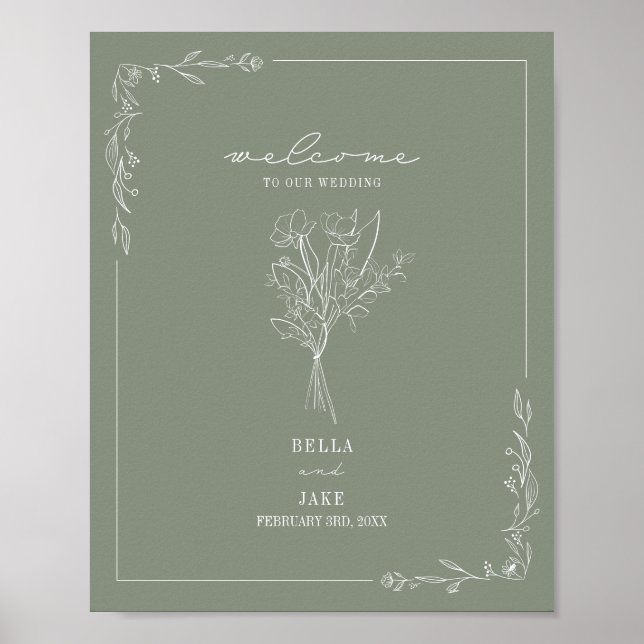 Poster Bouquet Line Art Sage Green Mariage Bienvenue (Devant)