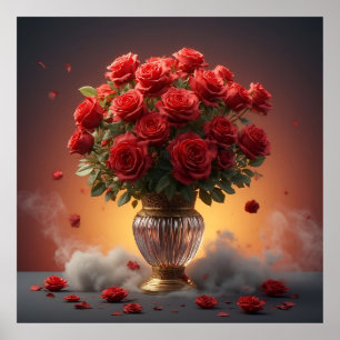 Poster Bouquet Opulent de Roses Rouges dans un Élégant Va