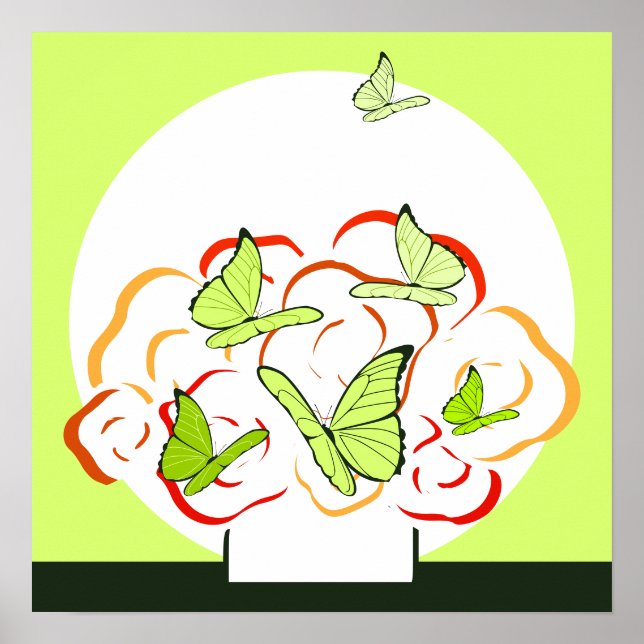 Poster Bouquet orange et papillons jaune vif (Devant)