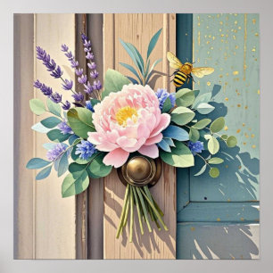 Poster Bouquet pivoines fleurs lavande Rustique