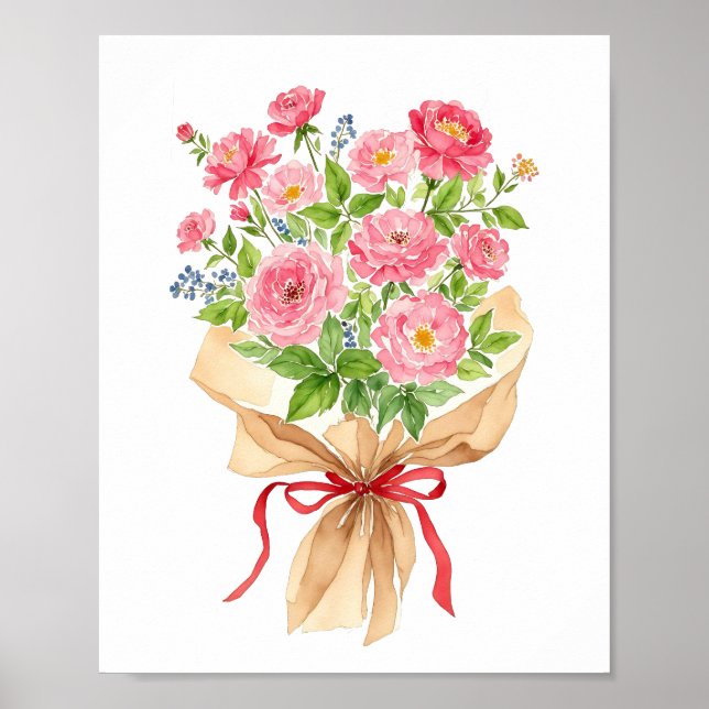 Poster Bouquet rose floral aquarelle Art Imprimer (Devant)