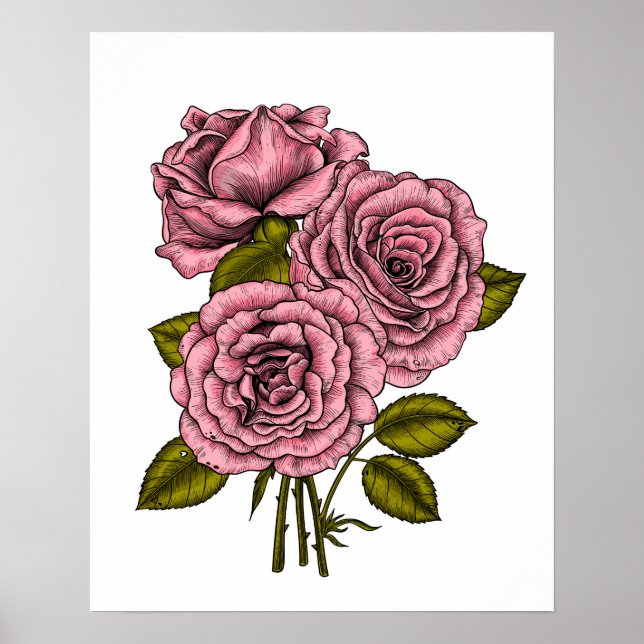 Poster Bouquet rose roses (Devant)