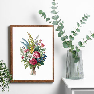 Poster Bouquet vintage rose bleu jaune blanc Fleurs sauva