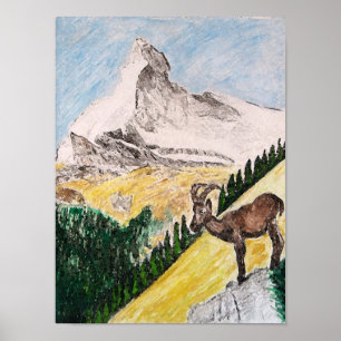 Poster Bouquetin au-dessus de regarder le Matterhorn