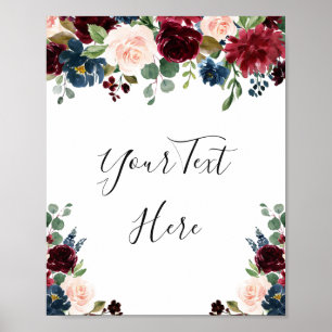 Poster Bourgogne Bleu Nuit Blush Floral Aquarelle