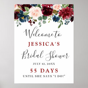 Poster Bourgogne Bleu Nuit Blush Floral Fête de Mariage P