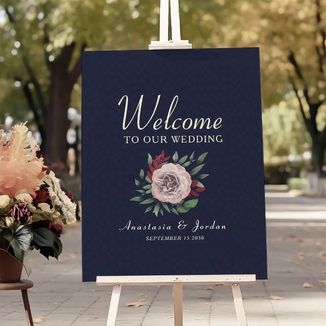 Poster Bourgogne et Mariage Floral bleu marine Bienvenue (Créateur téléchargé)