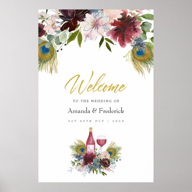 Poster Bourgogne et marine Peacock Vin à thème Mariage (Devant)