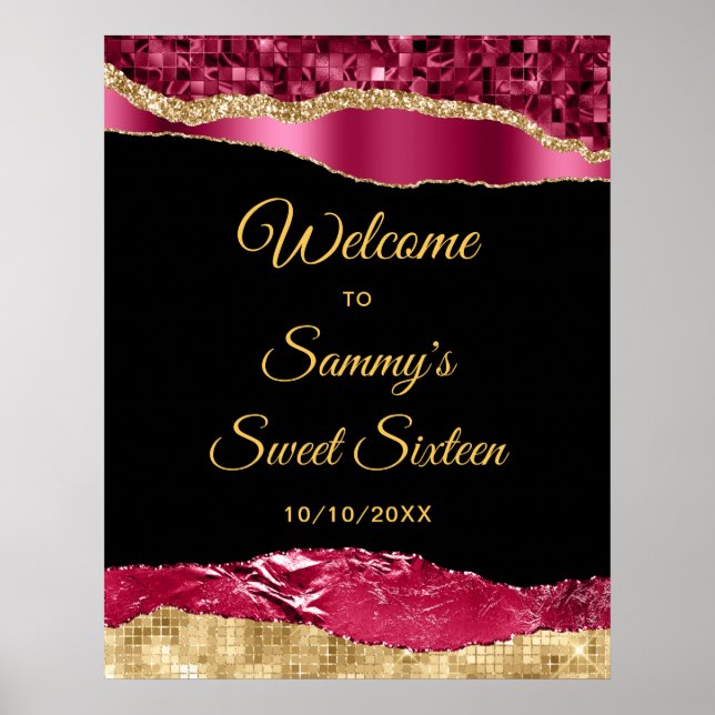 Poster Bourgogne et or Glam Tears Sweet sixteen Bienvenue (Devant)
