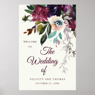 Poster Bourgogne Floral Aquarelles Mariage ivoire Bienven