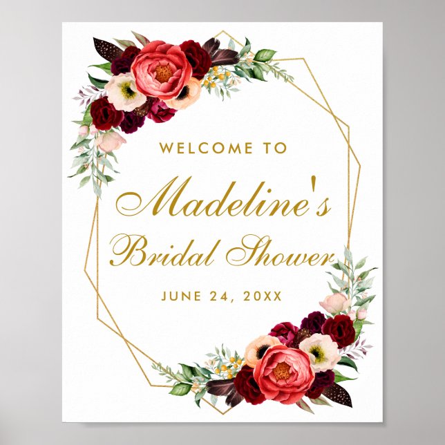 Poster Bourgogne Floral Gold Boho Fête des mariées Bienve (Devant)