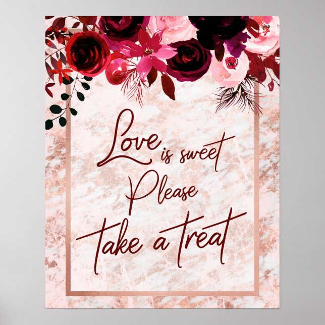 Poster Bourgogne Floral & Rose Gold Love is Sweet Treat (Devant)
